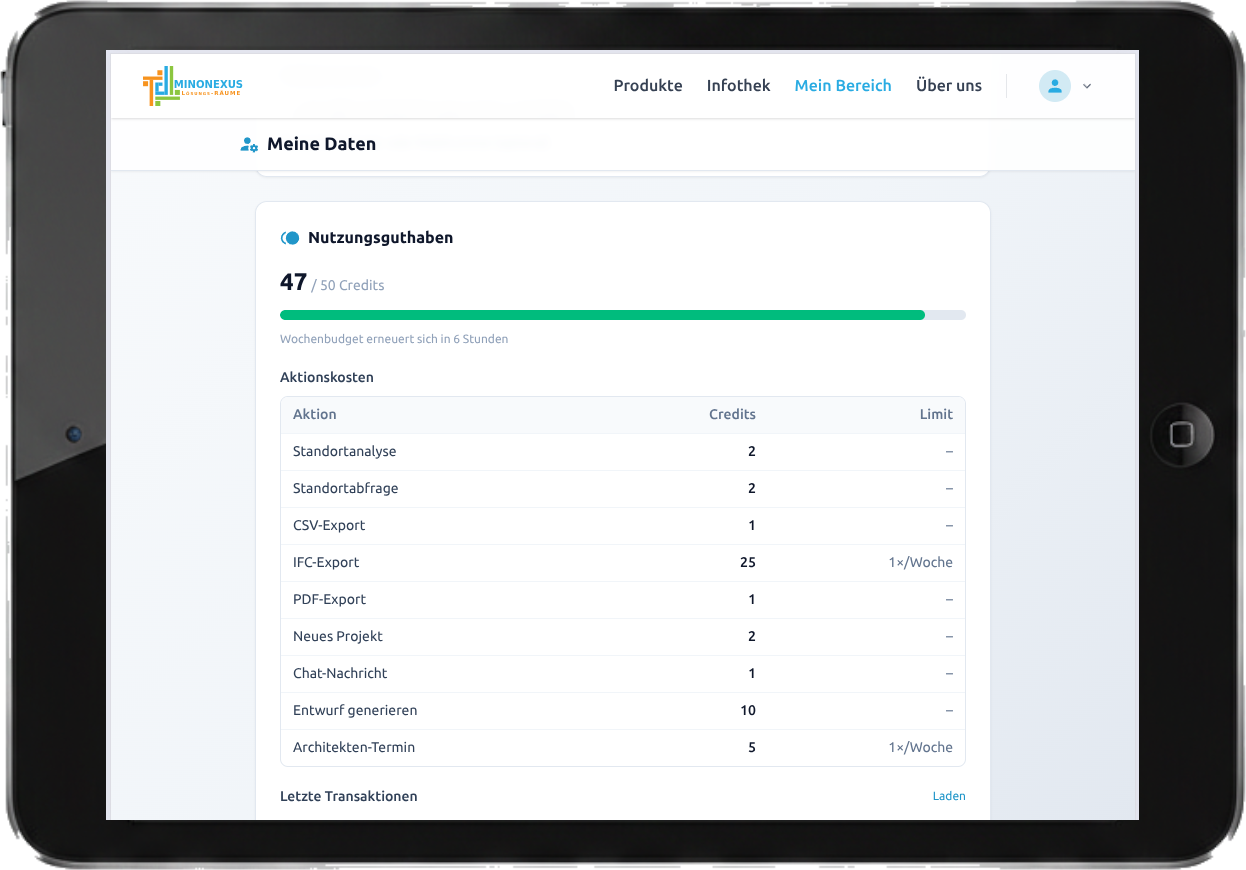 Nutzungsguthaben in Meine Daten