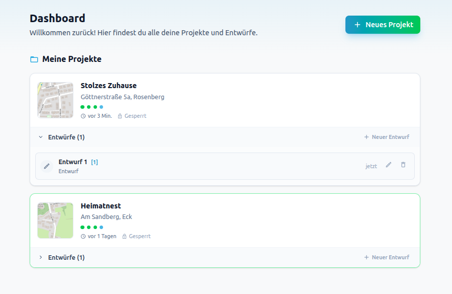 MinoSketch Dashboard mit Projekten